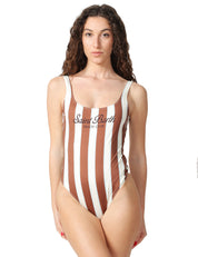 COSTUME MARE DONNA MC 2 SAINT BARTH LORA MARRONE A RIGHE INTERO CON STAMPA LOGO