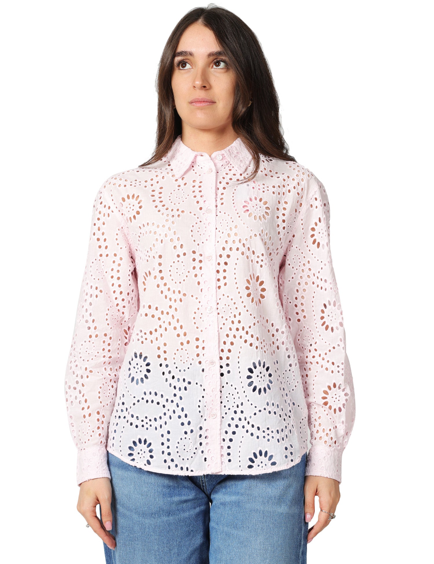 CAMICIA DONNA MC 2 SAINT BARTH MEREDITH ROSA IN COTONE SANGALLO A MANICHE LUNGHE