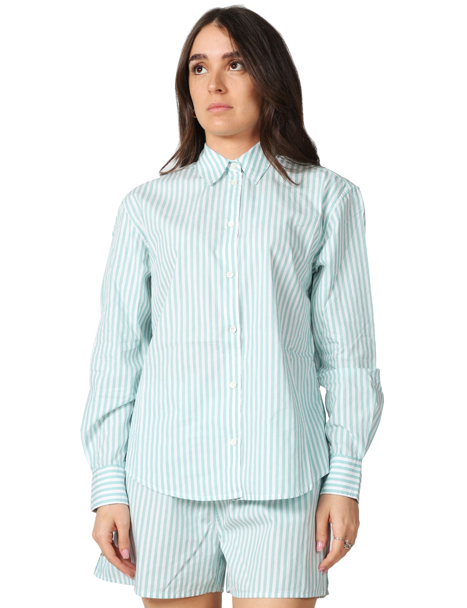 CAMICIA DONNA MC 2 SAINT BARTH MEREDITH VERDE A RIGHE CON RICAMO A CONTRASTO SULLA SCHIENA