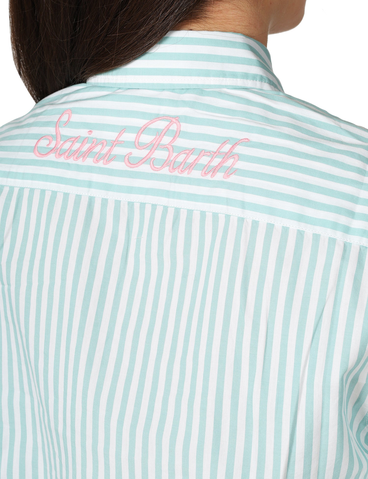 CAMICIA DONNA MC 2 SAINT BARTH MEREDITH VERDE A RIGHE CON RICAMO A CONTRASTO SULLA SCHIENA