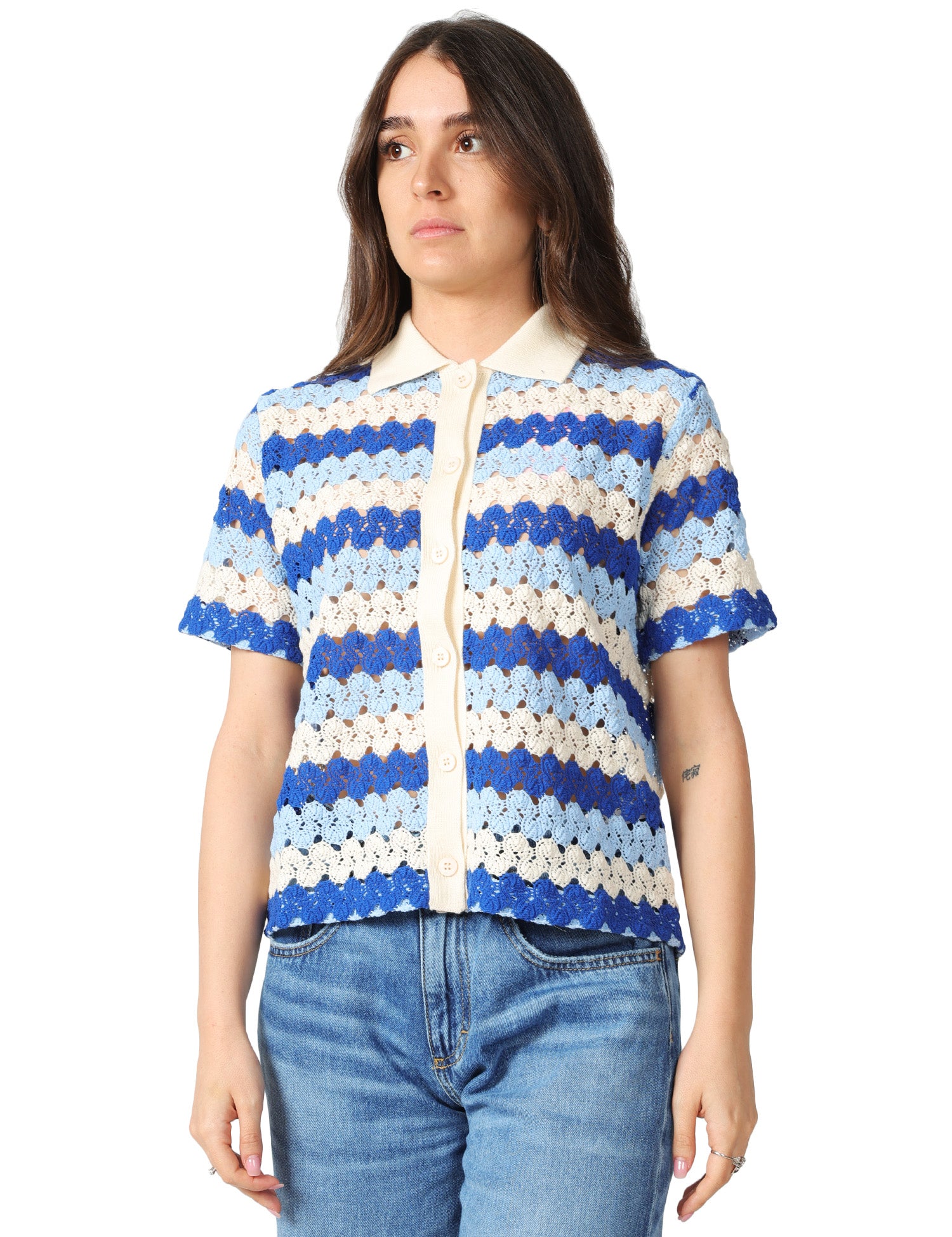POLO DONNA MC 2 SAINT BARTH MONET BLU/PANNA A RIGHE IN COTONE CROCHET