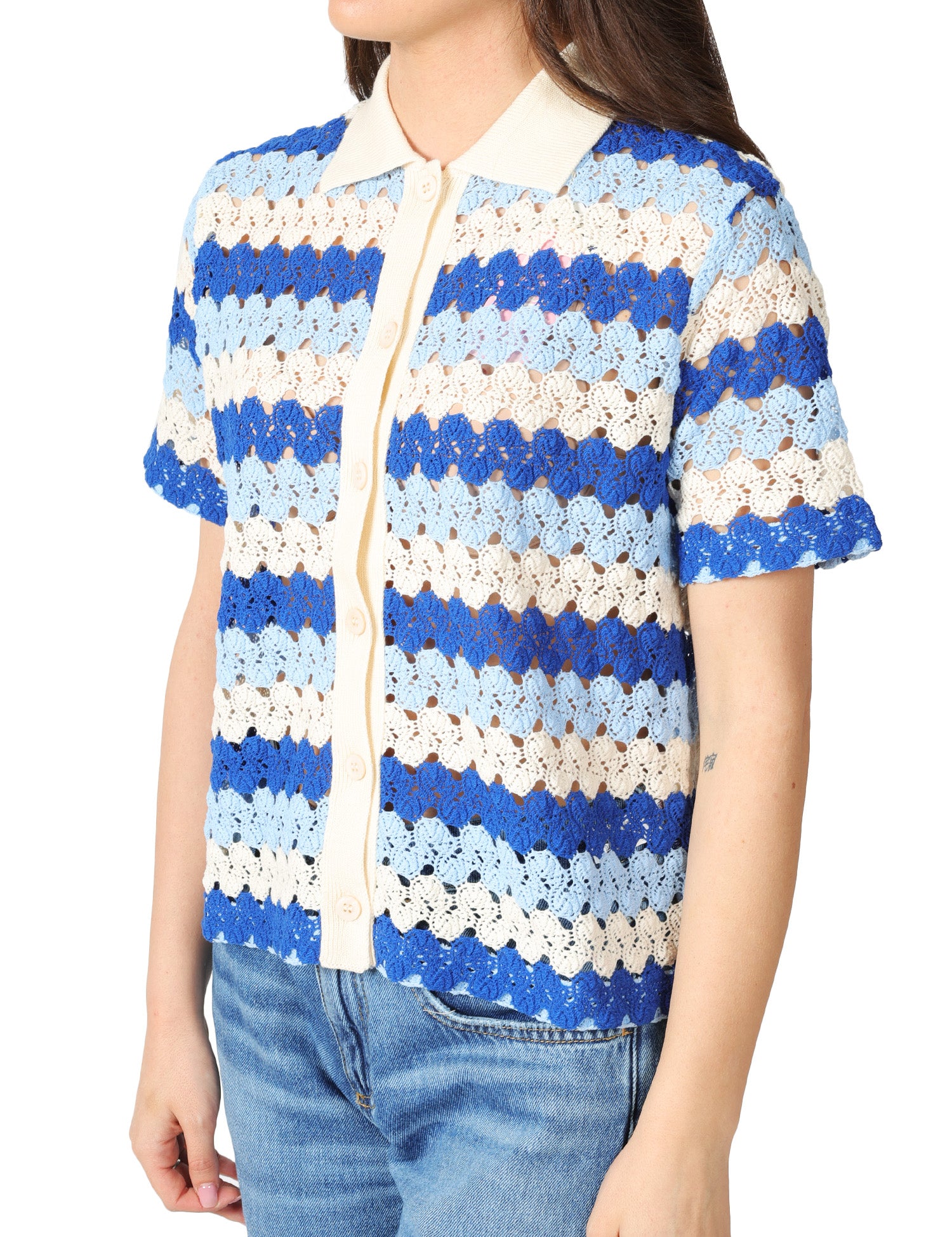 POLO DONNA MC 2 SAINT BARTH MONET BLU/PANNA A RIGHE IN COTONE CROCHET