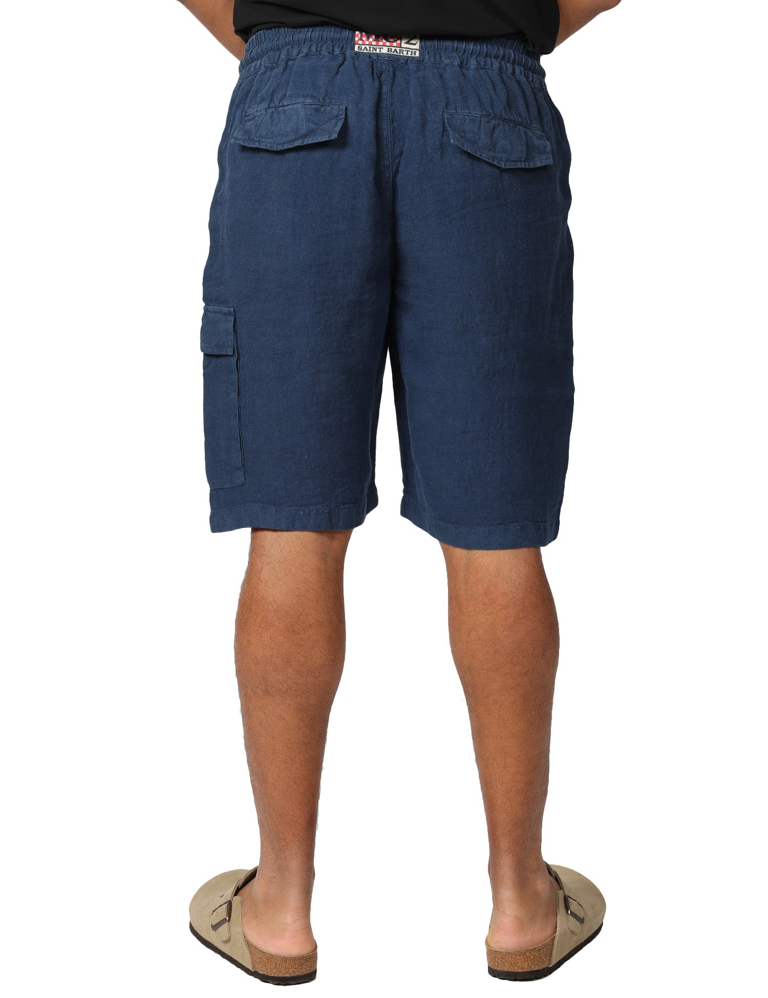 BERMUDA UOMO MC 2 SAINT BARTH MARSEILLE BLU NAVY 100% LINO CON TASCA UTILITY