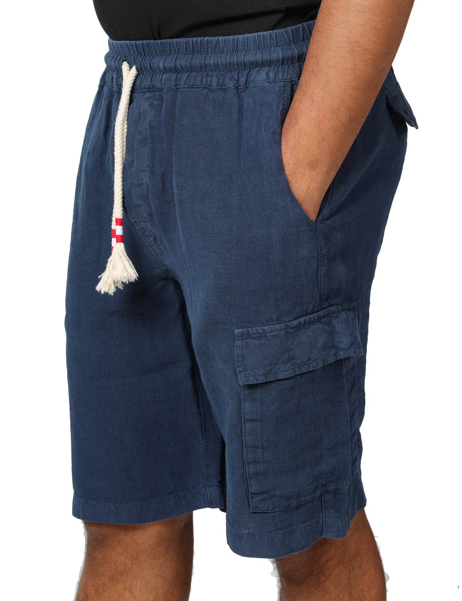 BERMUDA UOMO MC 2 SAINT BARTH MARSEILLE BLU NAVY 100% LINO CON TASCA UTILITY