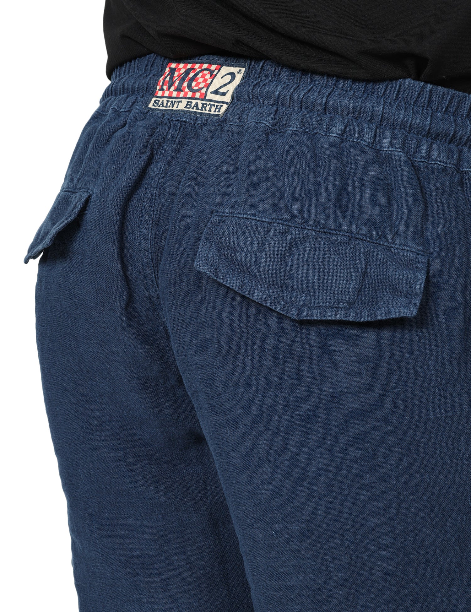 BERMUDA UOMO MC 2 SAINT BARTH MARSEILLE BLU NAVY 100% LINO CON TASCA UTILITY