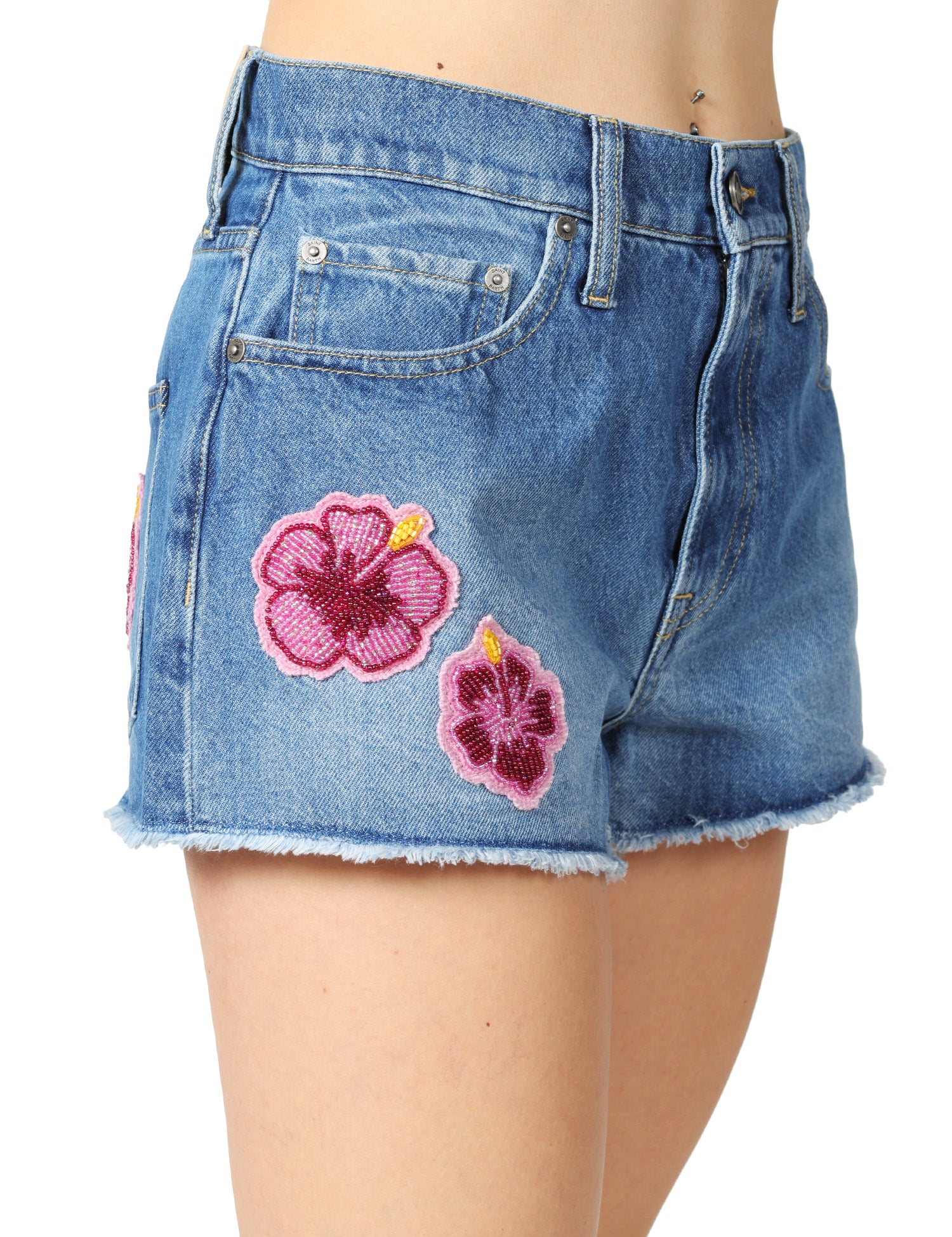 SHORTS DONNA MC 2 SAINT BARTH MUSA IN DENIM CON PATCH FLOREALI DI PERLONE