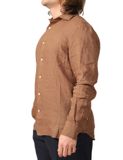 CAMICIA UOMO MC 2 SAINT BARTH PAMPLONA MARRONE A MANICHE LUNGHE 100% PURO LINO