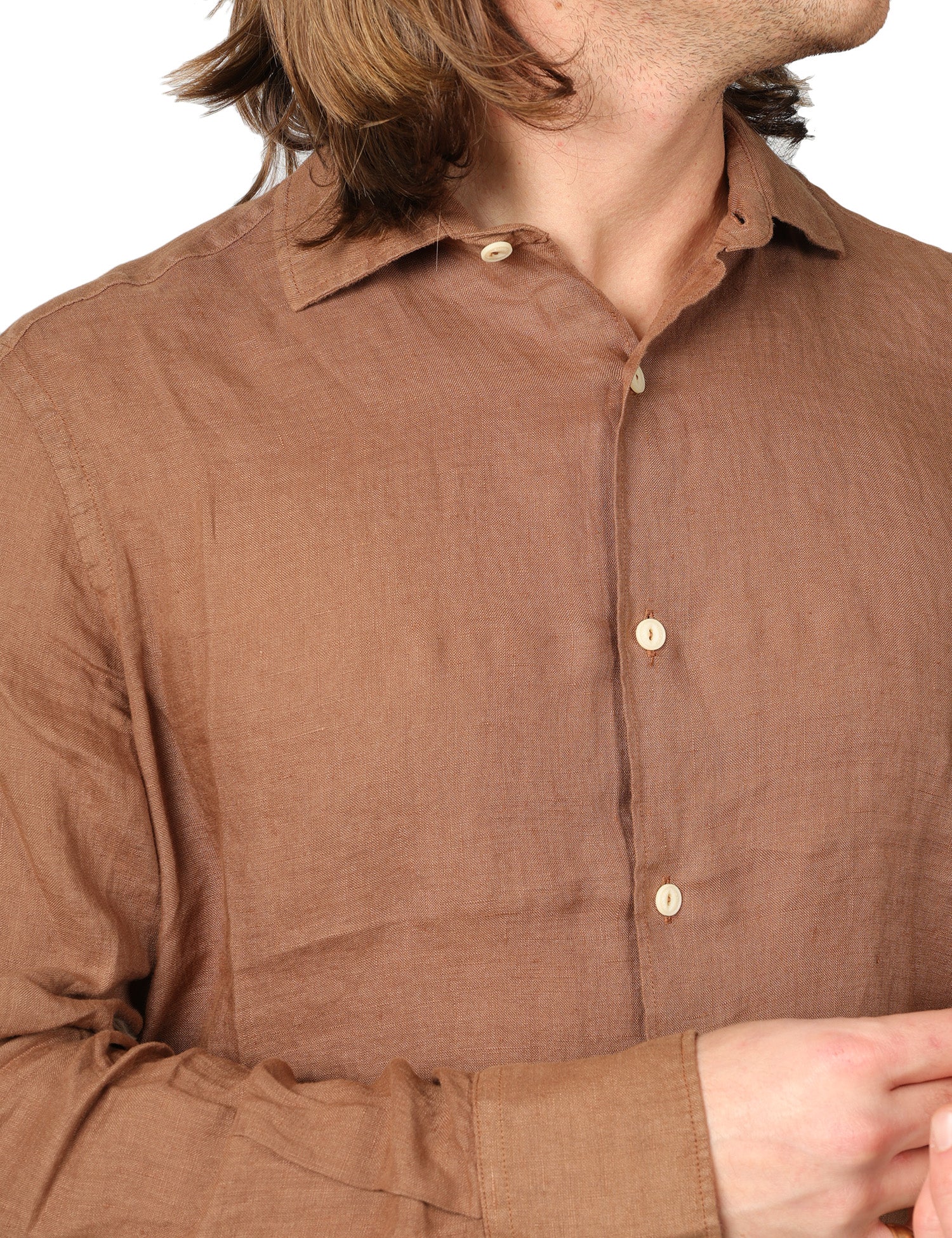 CAMICIA UOMO MC 2 SAINT BARTH PAMPLONA MARRONE A MANICHE LUNGHE 100% PURO LINO