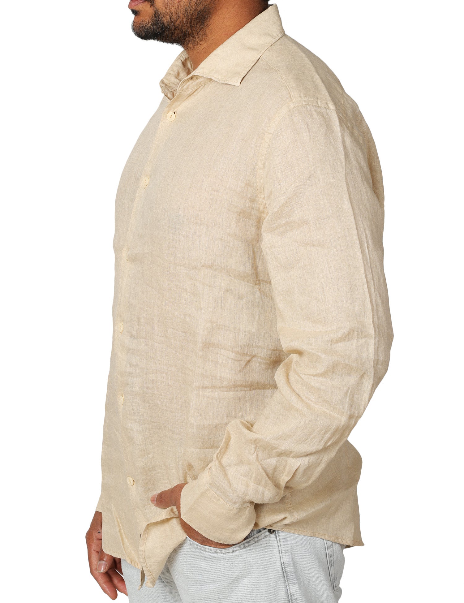 CAMICIA UOMO MC 2 SAINT BARTH PAMPLONA BEIGE A MANICHE LUNGHE IN PURO LINO