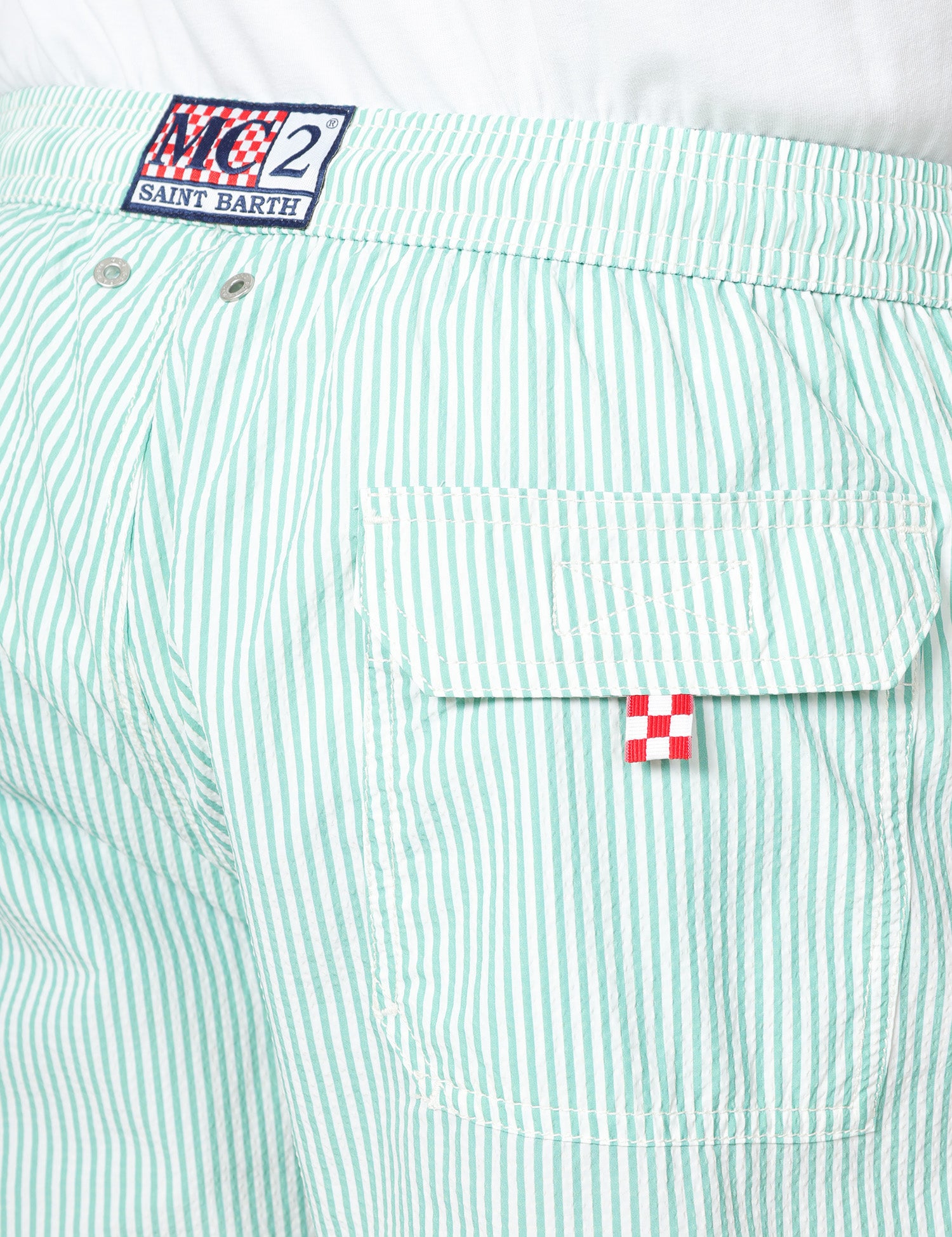 COSTUME MARE MC 2 SAINT BARTH PATMOS VERDE A RIGHE IN TESSUTO SEERSUCKER CON RIICAMO LOGO