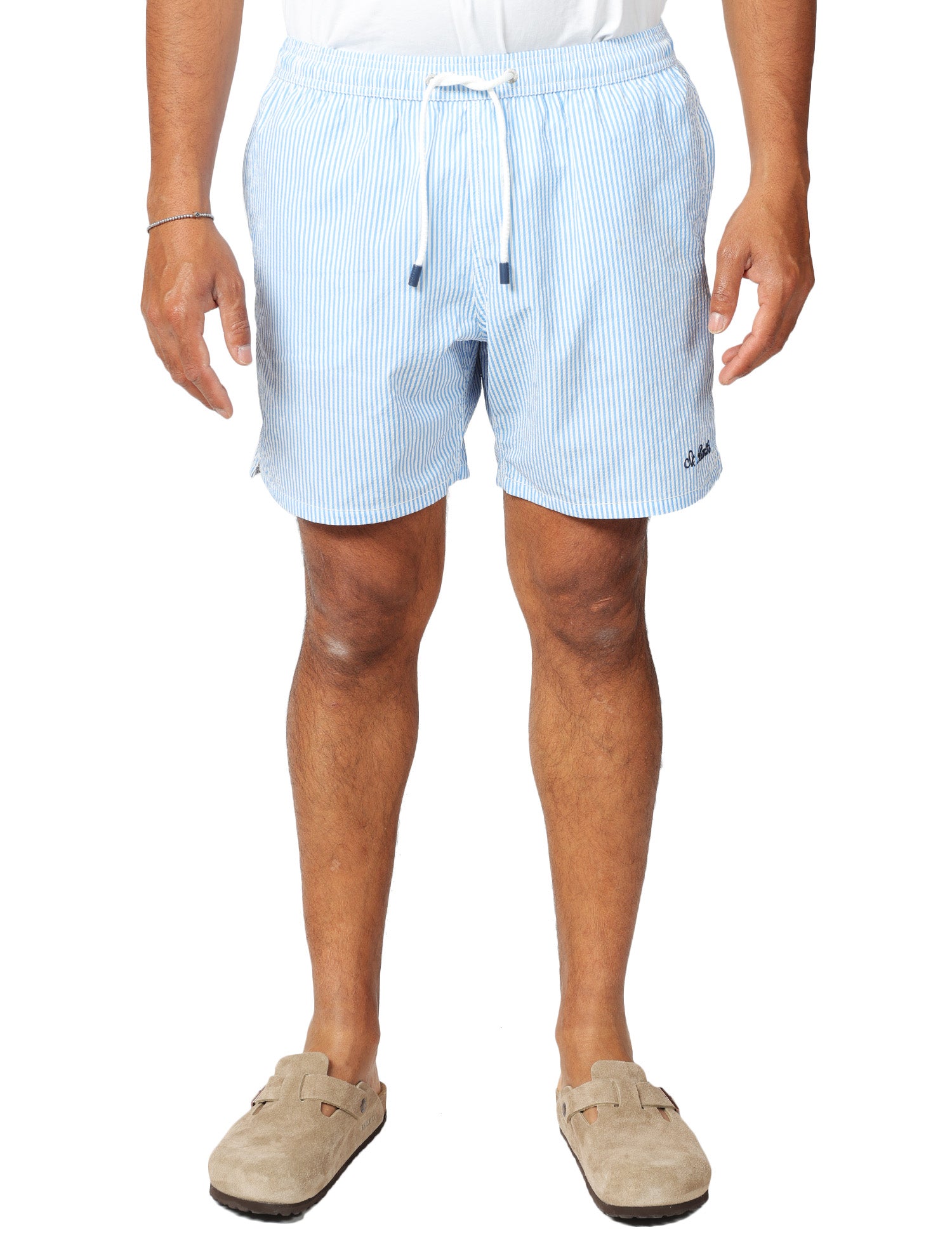 COSTUME MARE UOMO MC 2 SAINT BARTH PATMOS BLUE A RIGHE IN TESSUTO SEERSUCKER CON RICAMO LOGO