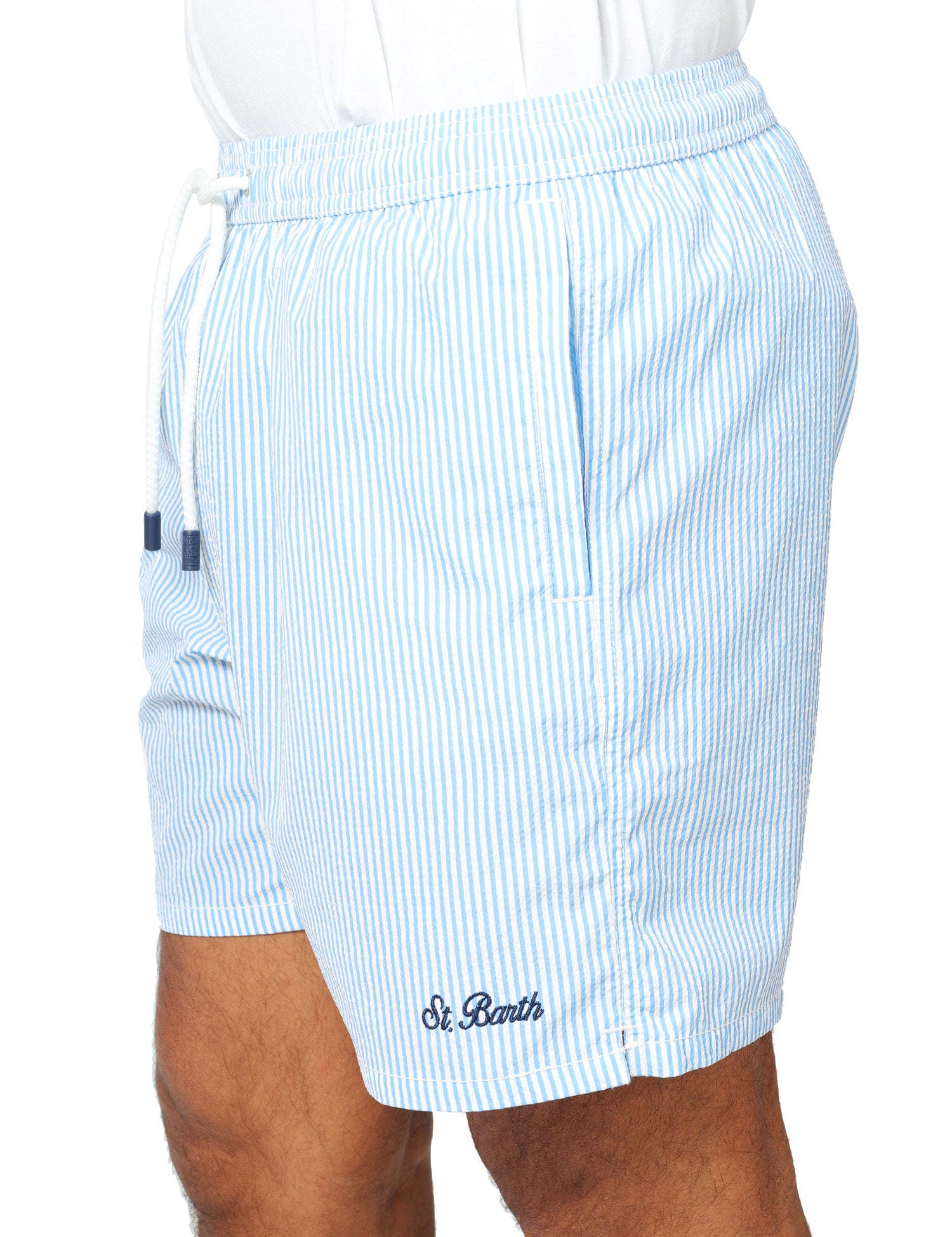 COSTUME MARE UOMO MC 2 SAINT BARTH PATMOS BLUE A RIGHE IN TESSUTO SEERSUCKER CON RICAMO LOGO
