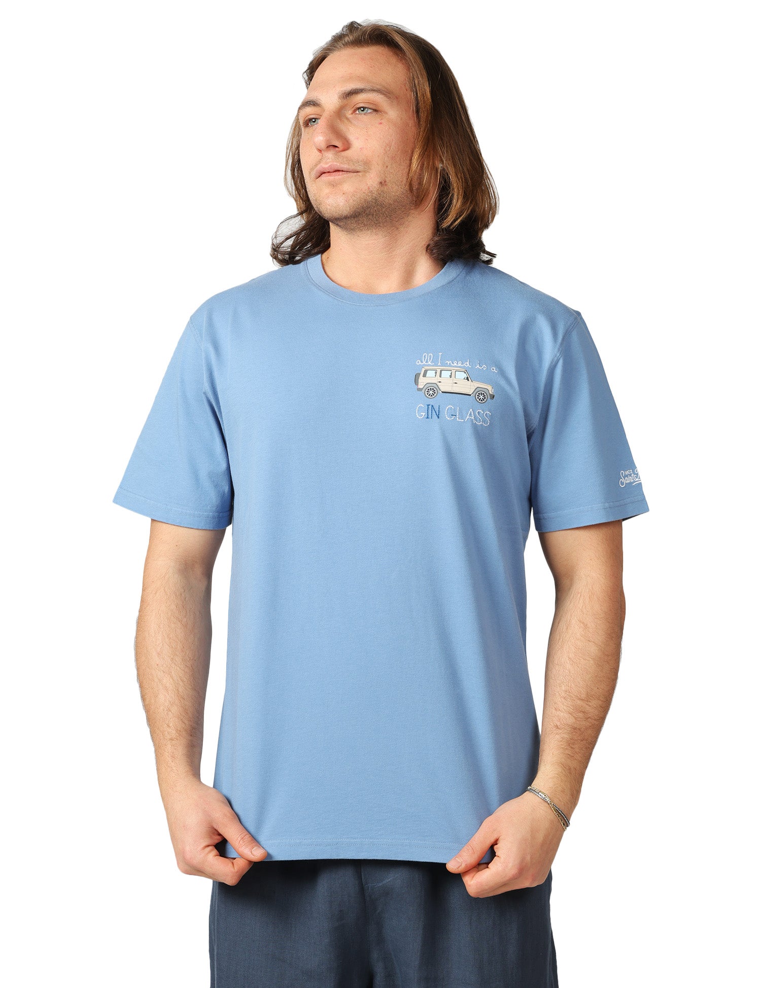 T-SHIRT UOMO MC 2 SAINT BARTH PORTOFINO AZZURRA IN PURO COTONE CON RICAMO "ALL I NEED IS GIN CLASS"