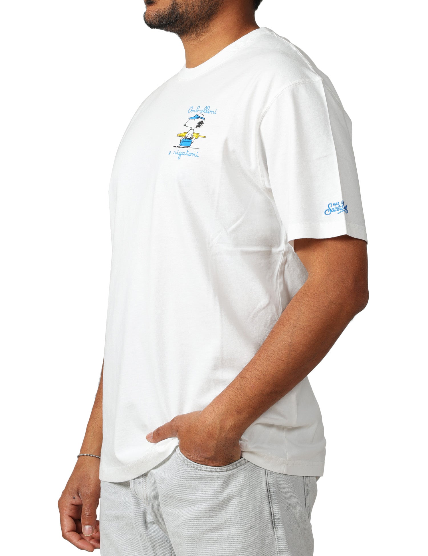 T-SHIRT UOMO MC 2 SAINT BARTH PORTOFINO BIANCA IN COTONE CON RICAMO "OMBRELLONI E RIGATONI" E SNOOPY