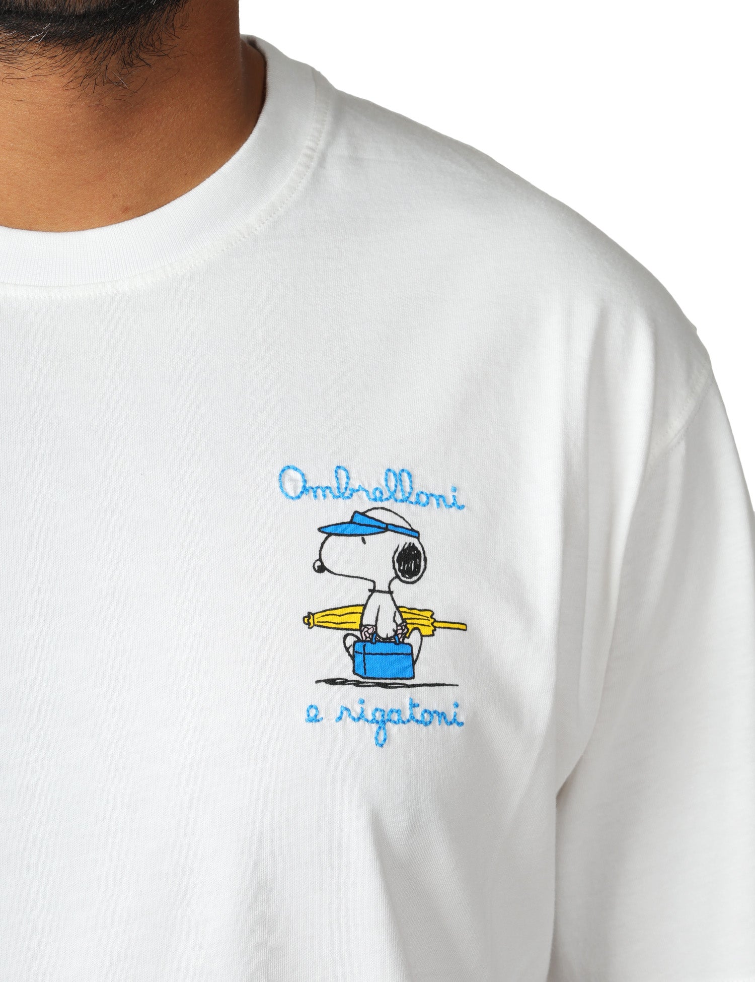 T-SHIRT UOMO MC 2 SAINT BARTH PORTOFINO BIANCA IN COTONE CON RICAMO "OMBRELLONI E RIGATONI" E SNOOPY