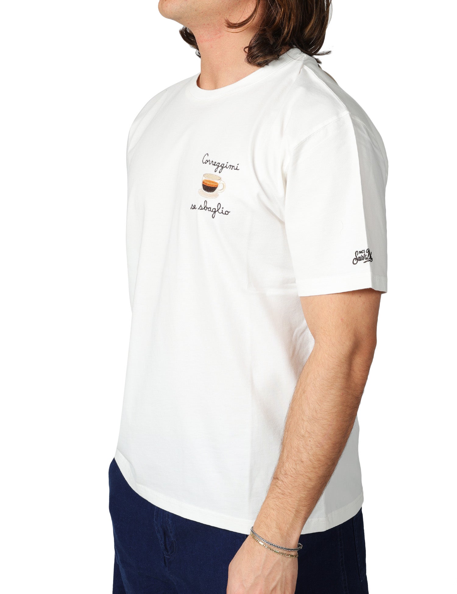 T-SHIRT UOMO MC 2 SAINT BARTH BIANCA CON RICAMO "CORREGGIMI SE SBAGLIO"