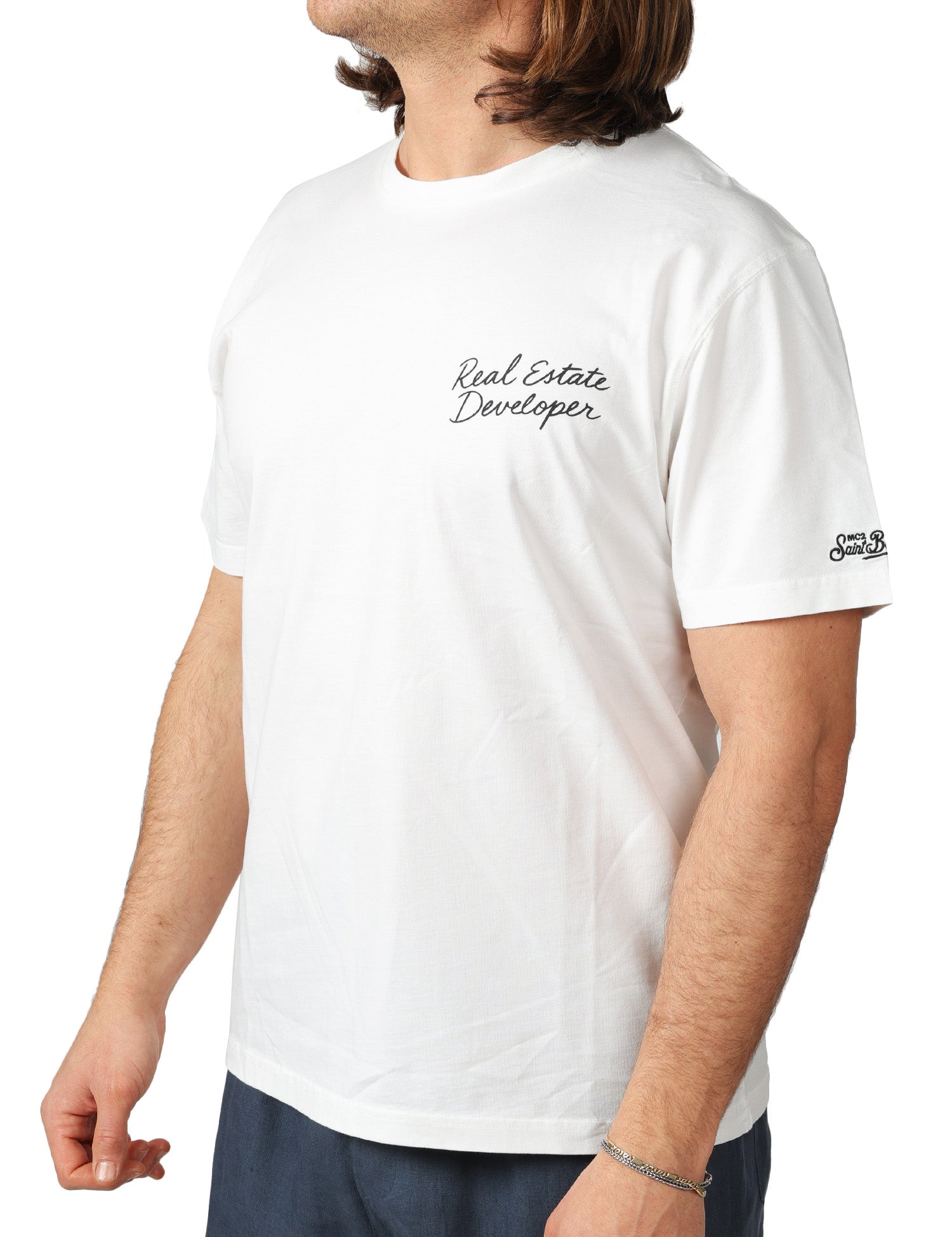 T-SHIRT UOMO MC 2 SAINT BARTH PORTLAND BIANCA IN COTONE CON STAMPA "REAL ESTATE DEVELOPER"