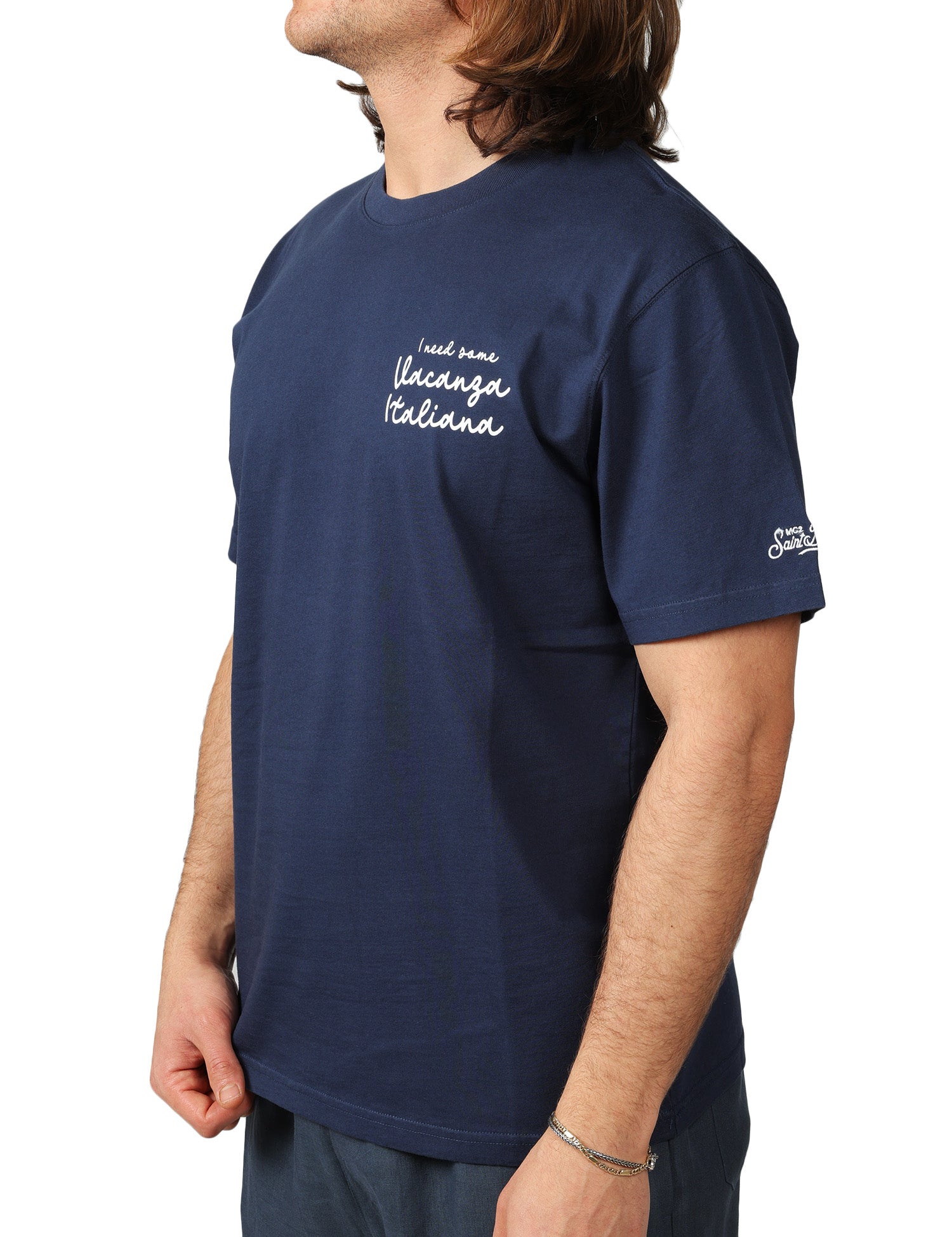 T-SHIRT UOMO MC 2 SAINT BARTH BLU NAVY IN COTONE CON STAMPA "I NEED SOME VACANZA ITALIANA"