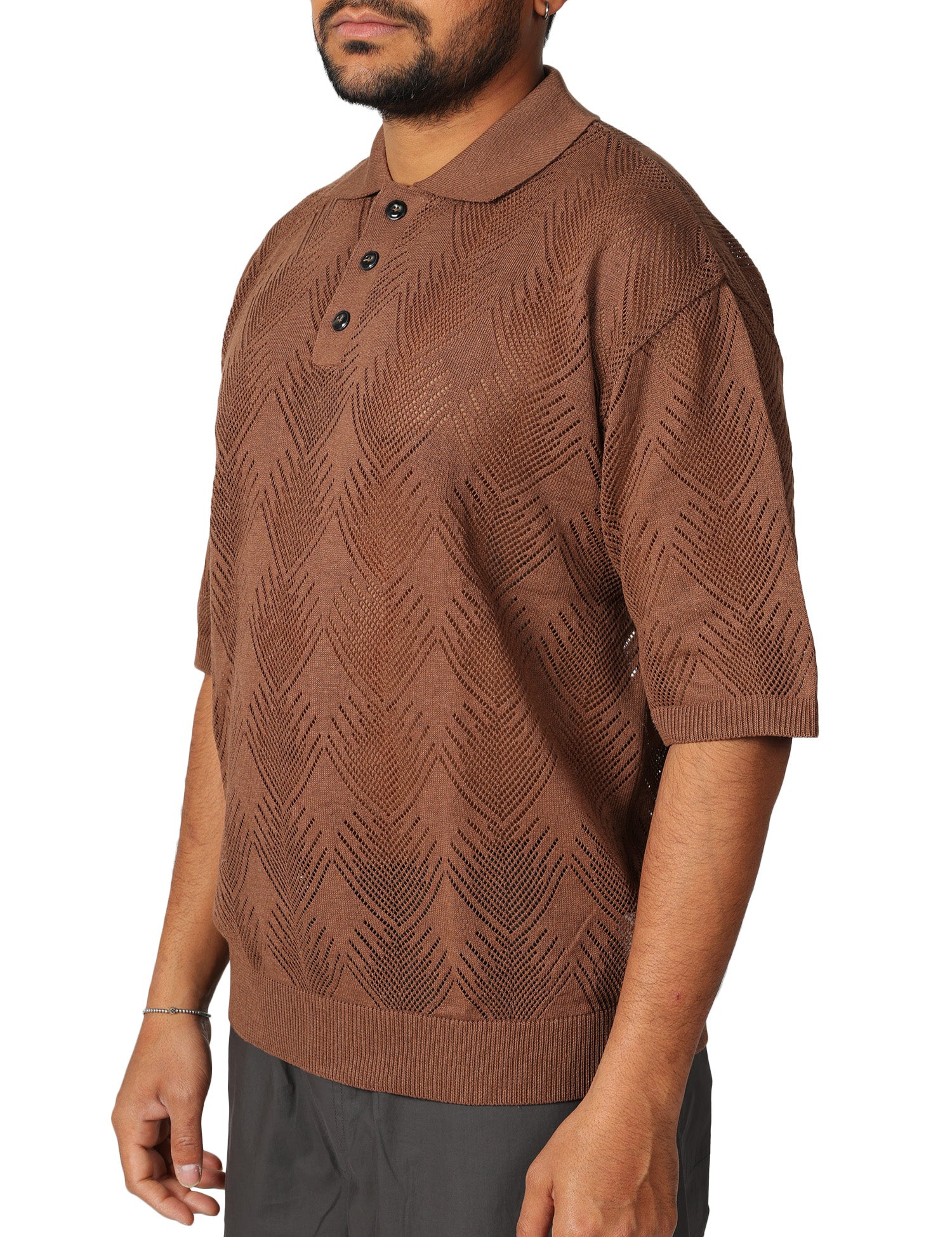 POLO UOMO OFFICINA 36 CACAO A MEZZE MANICHE IN MAGLIA TRAFORATA BOXY FIT