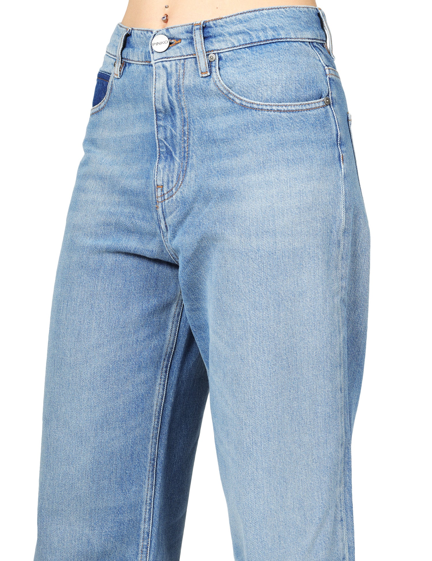 JEANS DONNA PINKO ESTELLE DENIM MEDIO BALLON FIT CON SCOLORITURE E RICAMO LOGO SULLA TASCA POSTERIORE