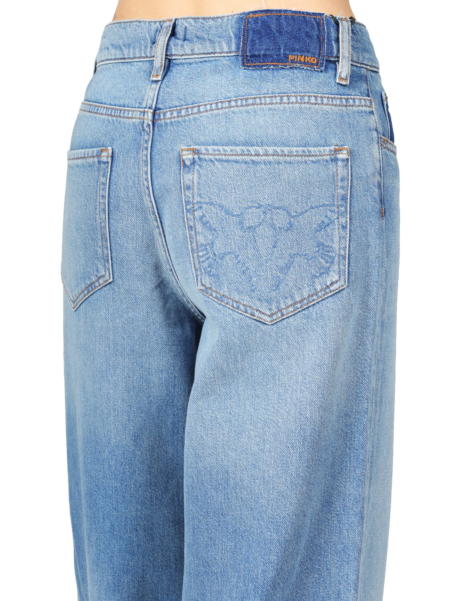JEANS DONNA PINKO ESTELLE DENIM MEDIO BALLON FIT CON SCOLORITURE E RICAMO LOGO SULLA TASCA POSTERIORE