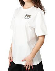 T-SHIRT DONNA PINKO BIANCA GIROCOLLO CON LOGO LOVE BIRDS GIOIELLO SUL PETTO