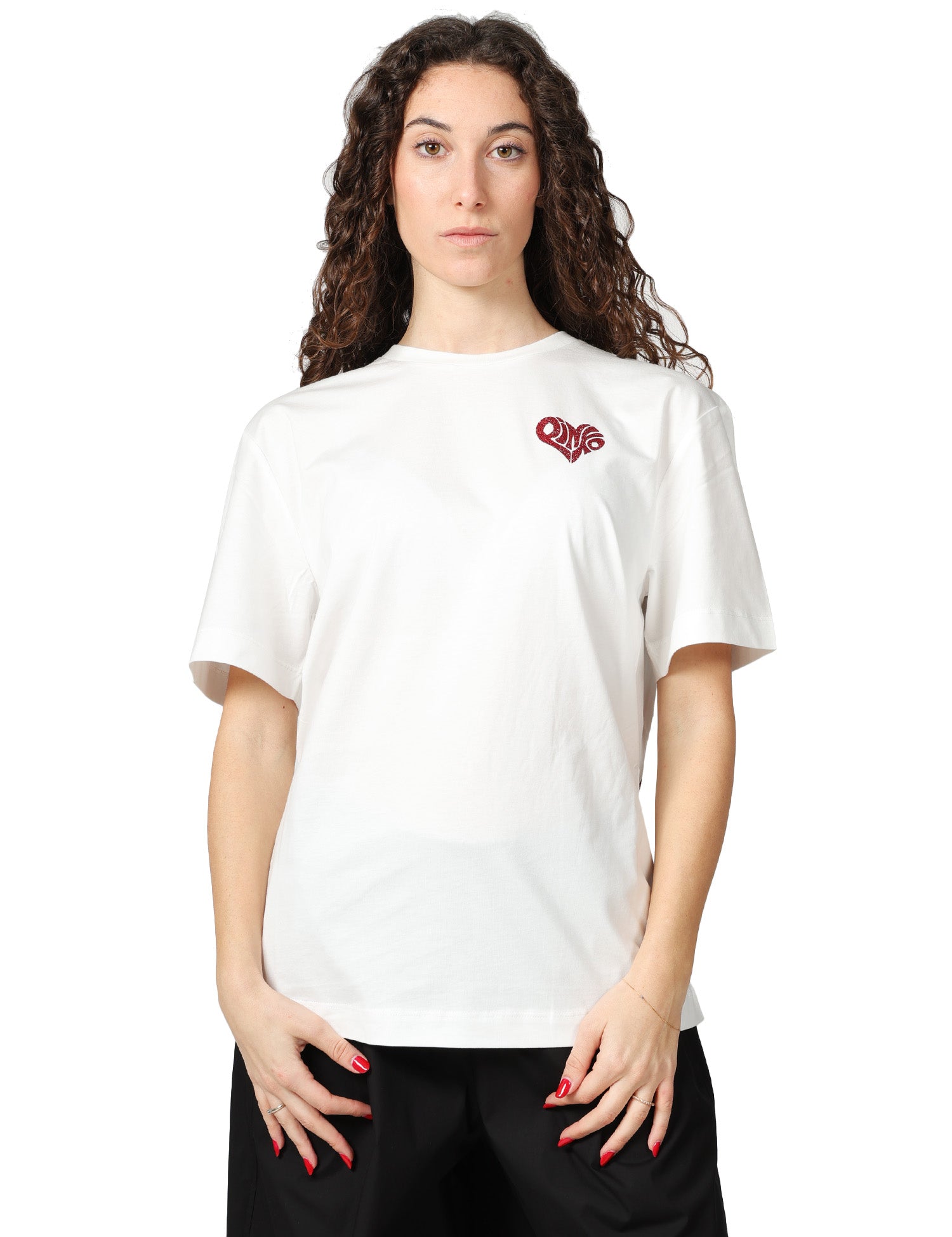 T-SHIRT DONNA PINKO BIANCA CON LETTERING AMORE IN STRASS SUL RETRO E LOGO CUORE SUL PETTO