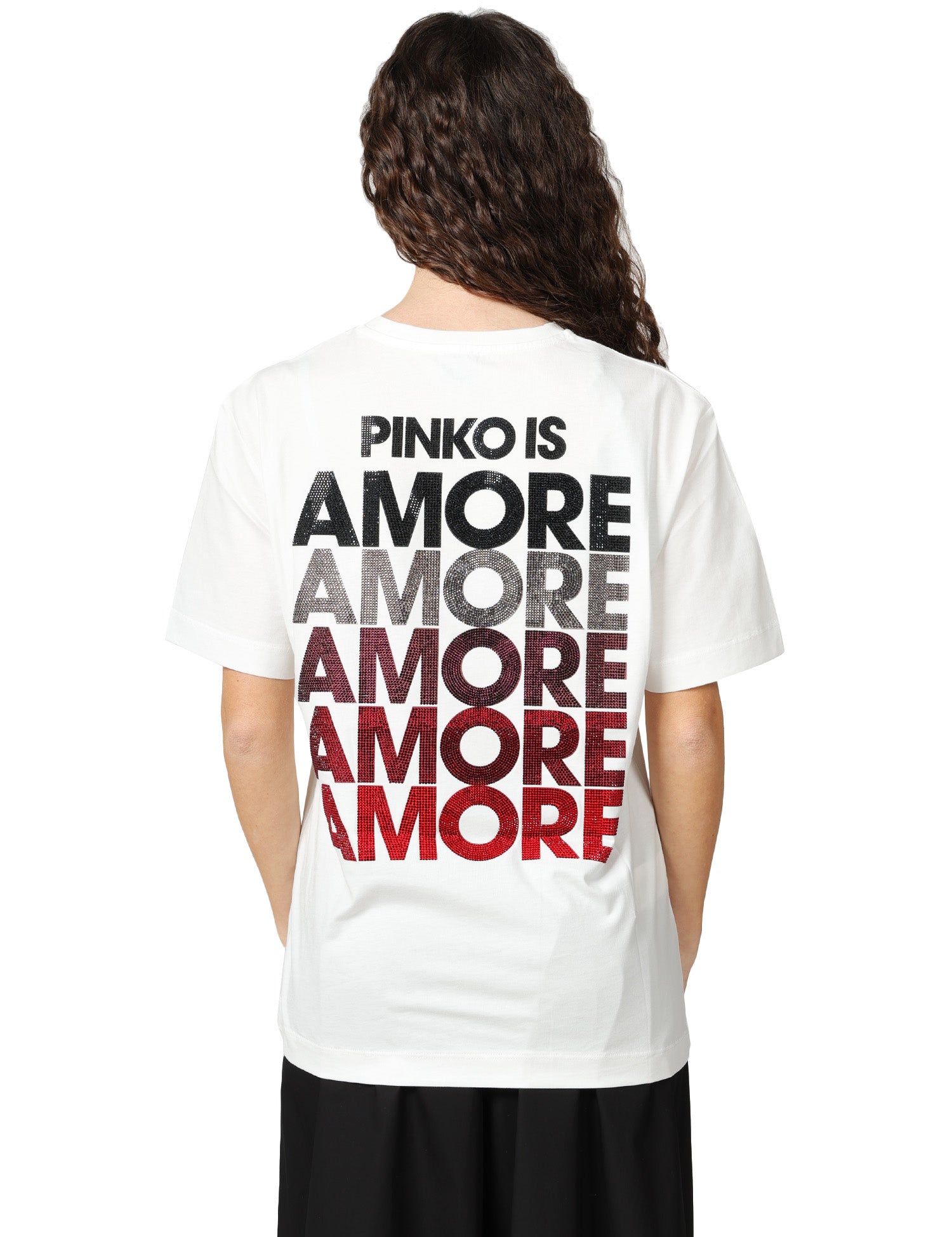 T-SHIRT DONNA PINKO BIANCA CON LETTERING AMORE IN STRASS SUL RETRO E LOGO CUORE SUL PETTO
