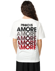 T-SHIRT DONNA PINKO BIANCA CON LETTERING AMORE IN STRASS SUL RETRO E LOGO CUORE SUL PETTO