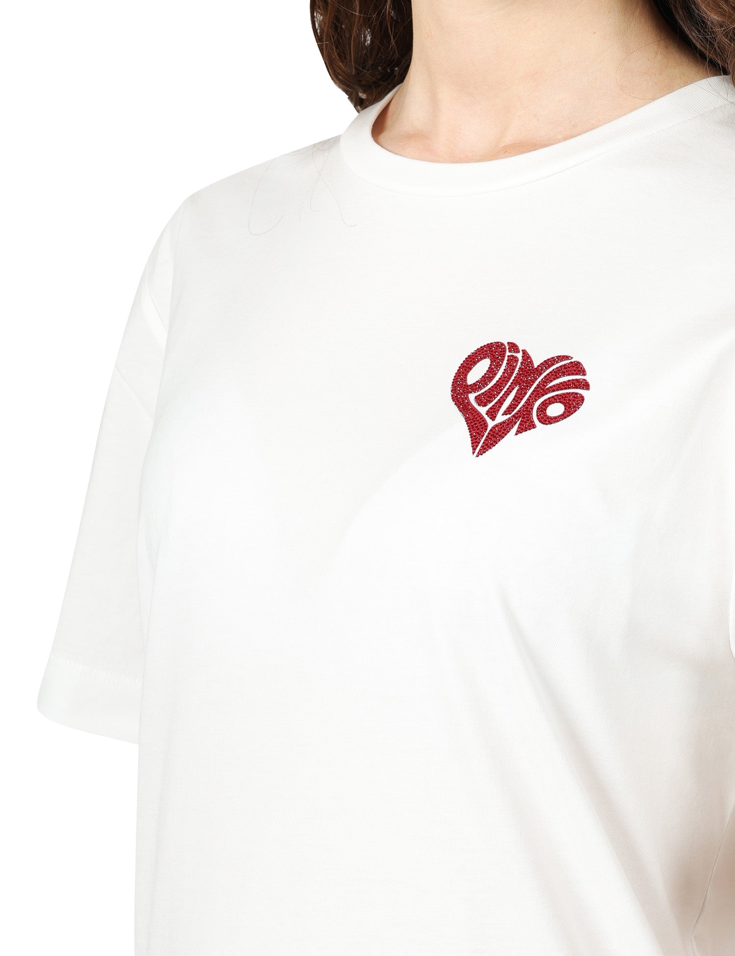 T-SHIRT DONNA PINKO BIANCA CON LETTERING AMORE IN STRASS SUL RETRO E LOGO CUORE SUL PETTO