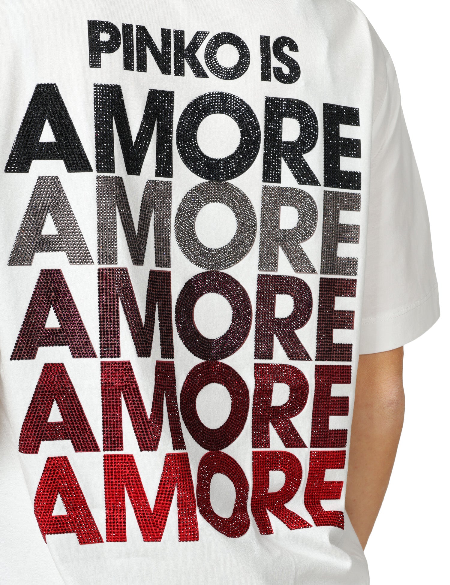 T-SHIRT DONNA PINKO BIANCA CON LETTERING AMORE IN STRASS SUL RETRO E LOGO CUORE SUL PETTO