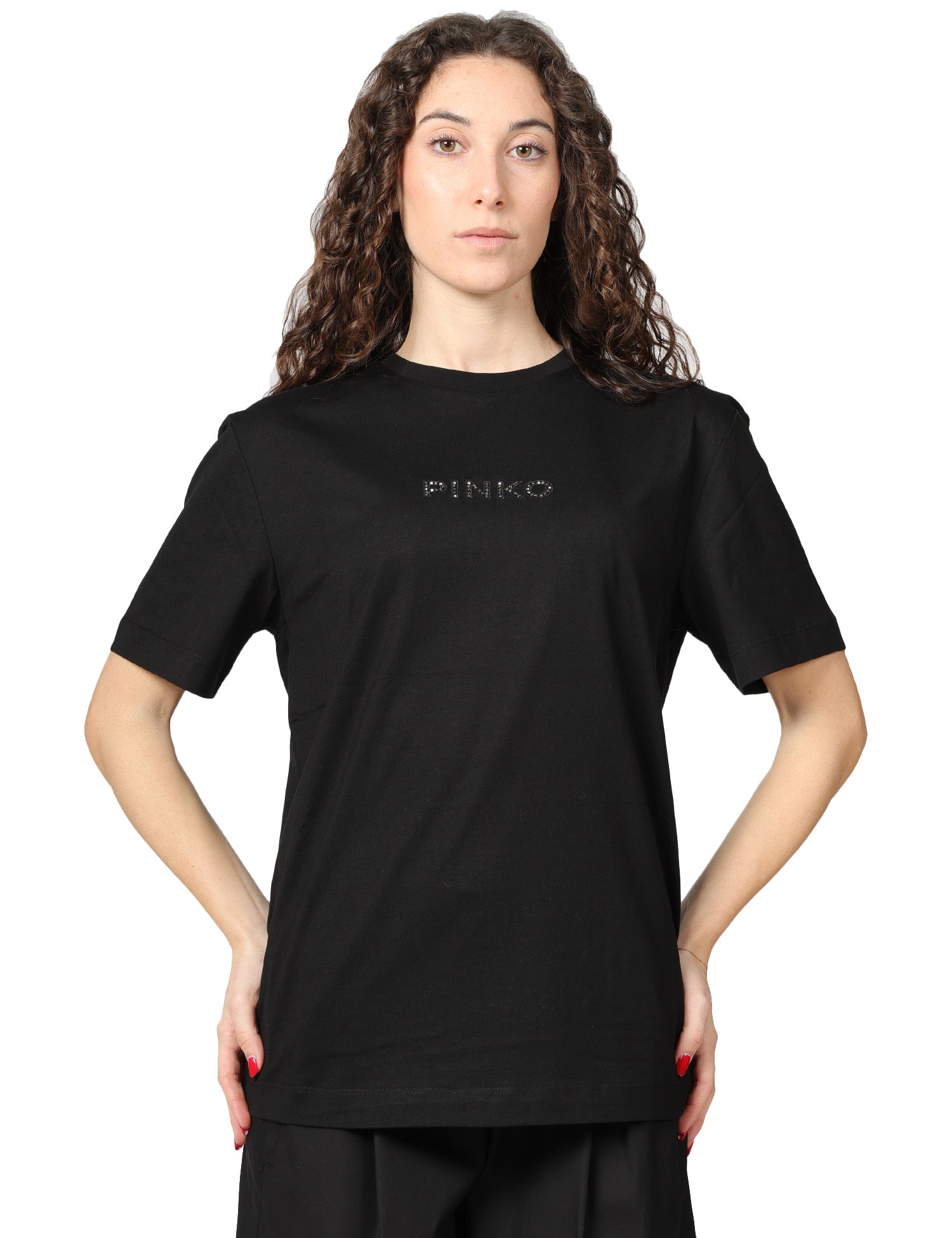 T-SHIRT DONNA PINKO NERA IN JERSEY CON LETTERING SUL RETRO "MORE STRASS LESS STRESS"