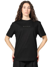 T-SHIRT DONNA PINKO NERA IN JERSEY CON LETTERING SUL RETRO "MORE STRASS LESS STRESS"