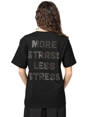 T-SHIRT DONNA PINKO NERA IN JERSEY CON LETTERING SUL RETRO "MORE STRASS LESS STRESS"