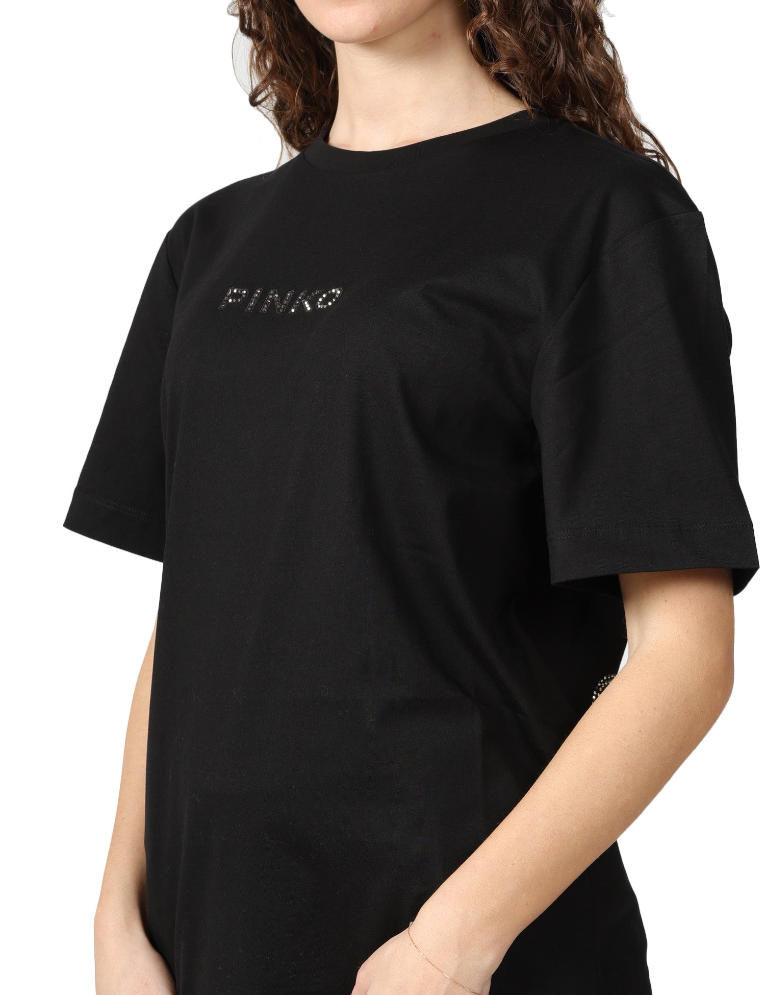 T-SHIRT DONNA PINKO NERA IN JERSEY CON LETTERING SUL RETRO "MORE STRASS LESS STRESS"