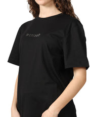 T-SHIRT DONNA PINKO NERA IN JERSEY CON LETTERING SUL RETRO "MORE STRASS LESS STRESS"