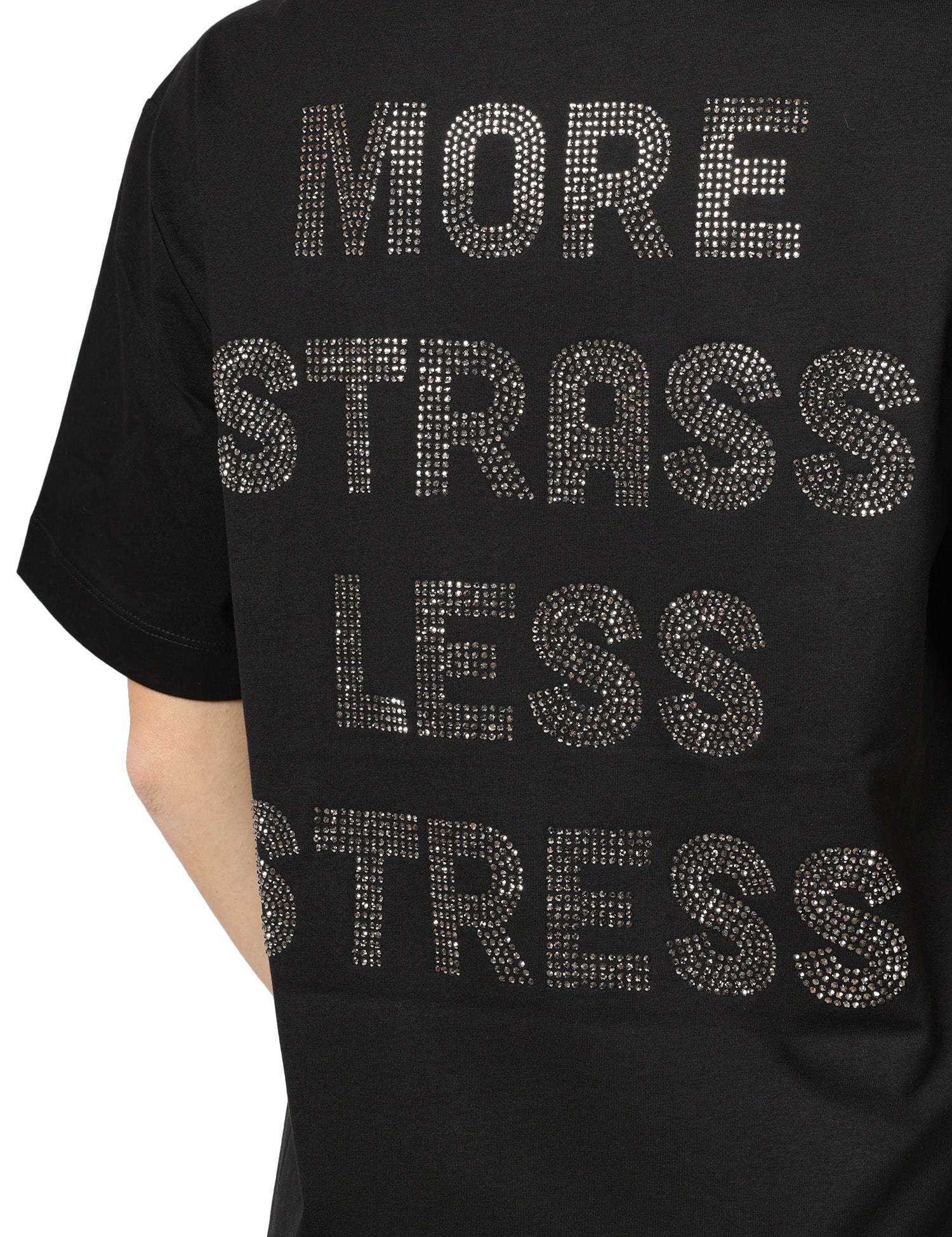T-SHIRT DONNA PINKO NERA IN JERSEY CON LETTERING SUL RETRO "MORE STRASS LESS STRESS"