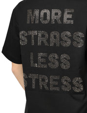 T-SHIRT DONNA PINKO NERA IN JERSEY CON LETTERING SUL RETRO "MORE STRASS LESS STRESS"
