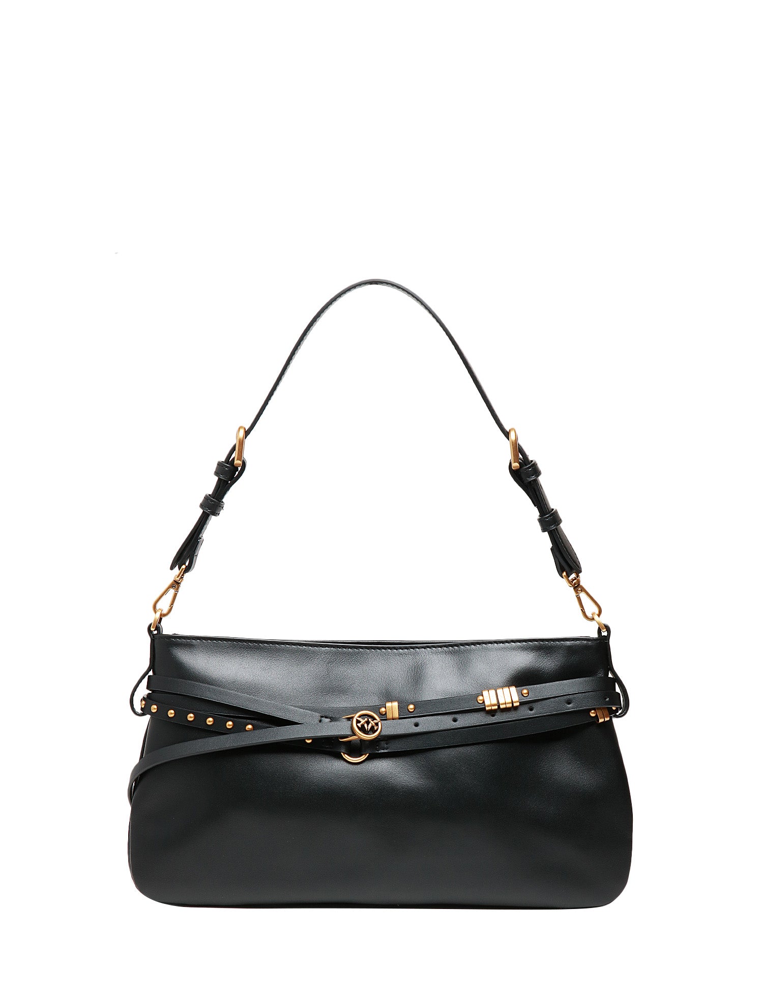 BORSA PINKO BELT BAG NERA MEDIA IN PELLE CON BORCHIE E DOPPIA TRACOLLA