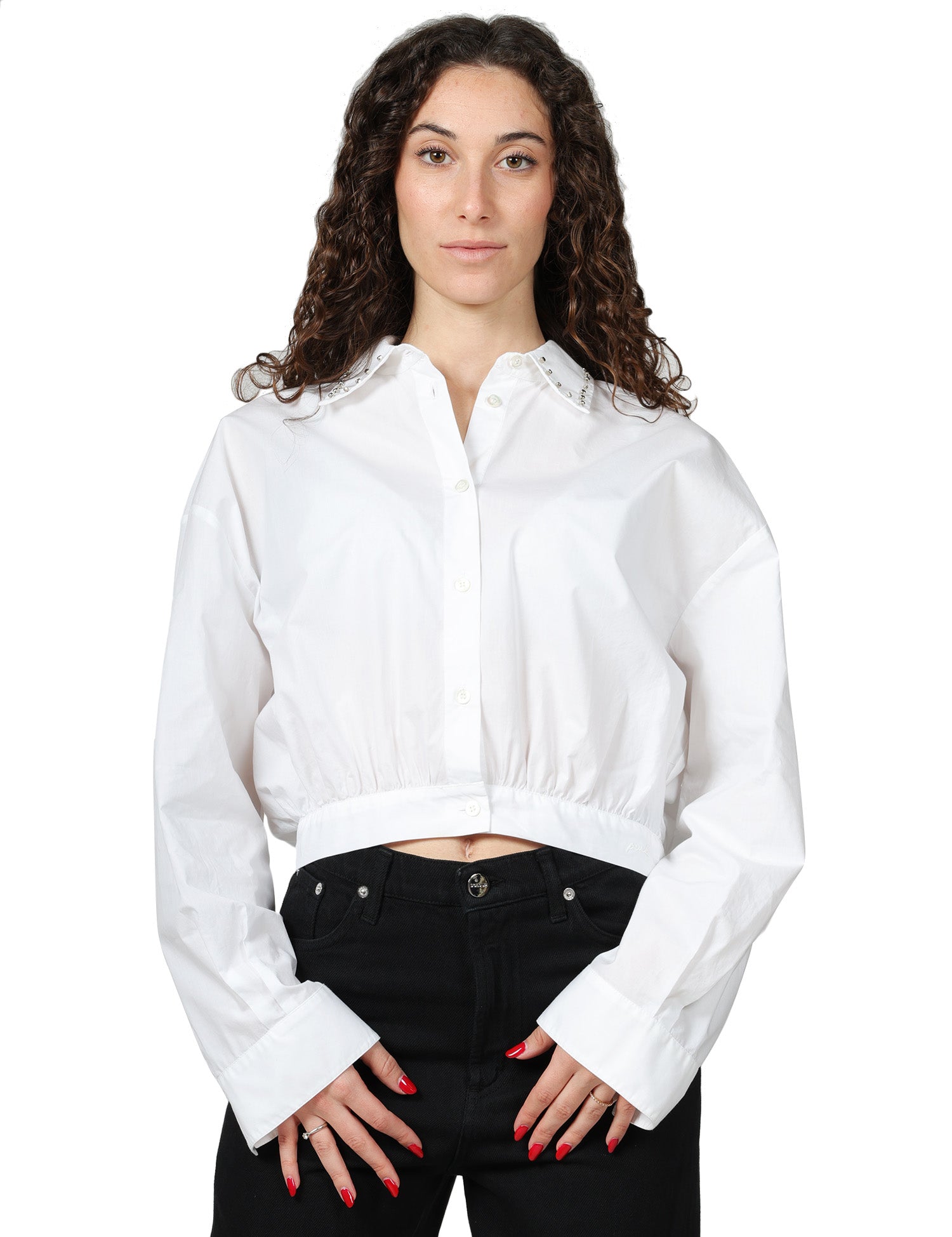 CAMICIA DONNA PINKO BIANCA CROPPED IN POPELINE DI COTONE CON CRISTALLI SUL COLLETTO