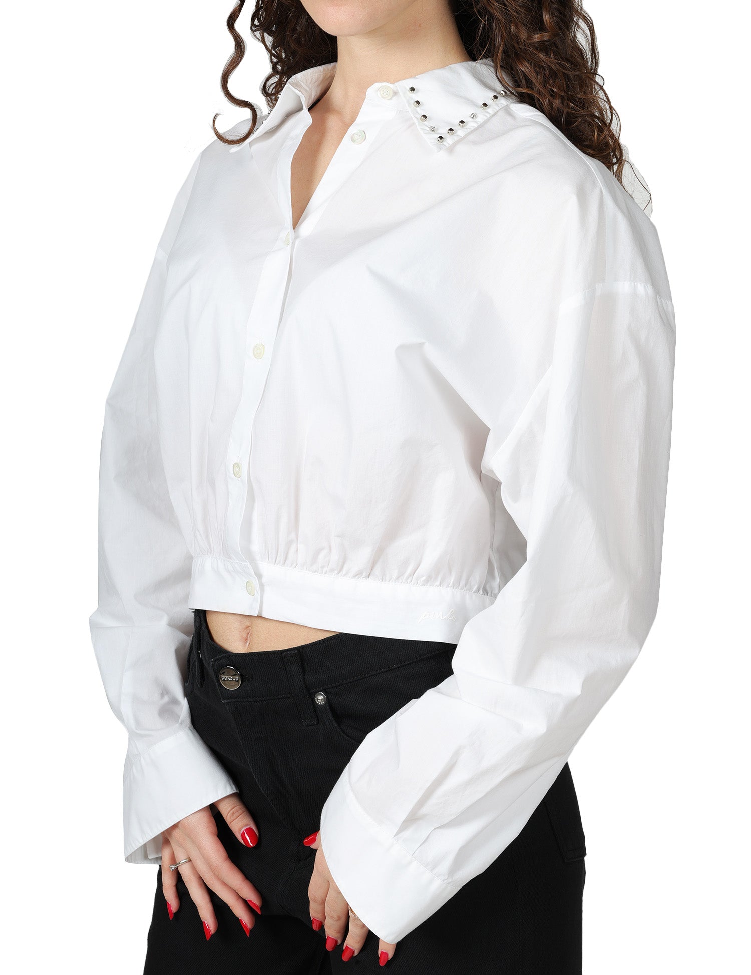 CAMICIA DONNA PINKO BIANCA CROPPED IN POPELINE DI COTONE CON CRISTALLI SUL COLLETTO