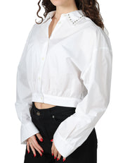 CAMICIA DONNA PINKO BIANCA CROPPED IN POPELINE DI COTONE CON CRISTALLI SUL COLLETTO