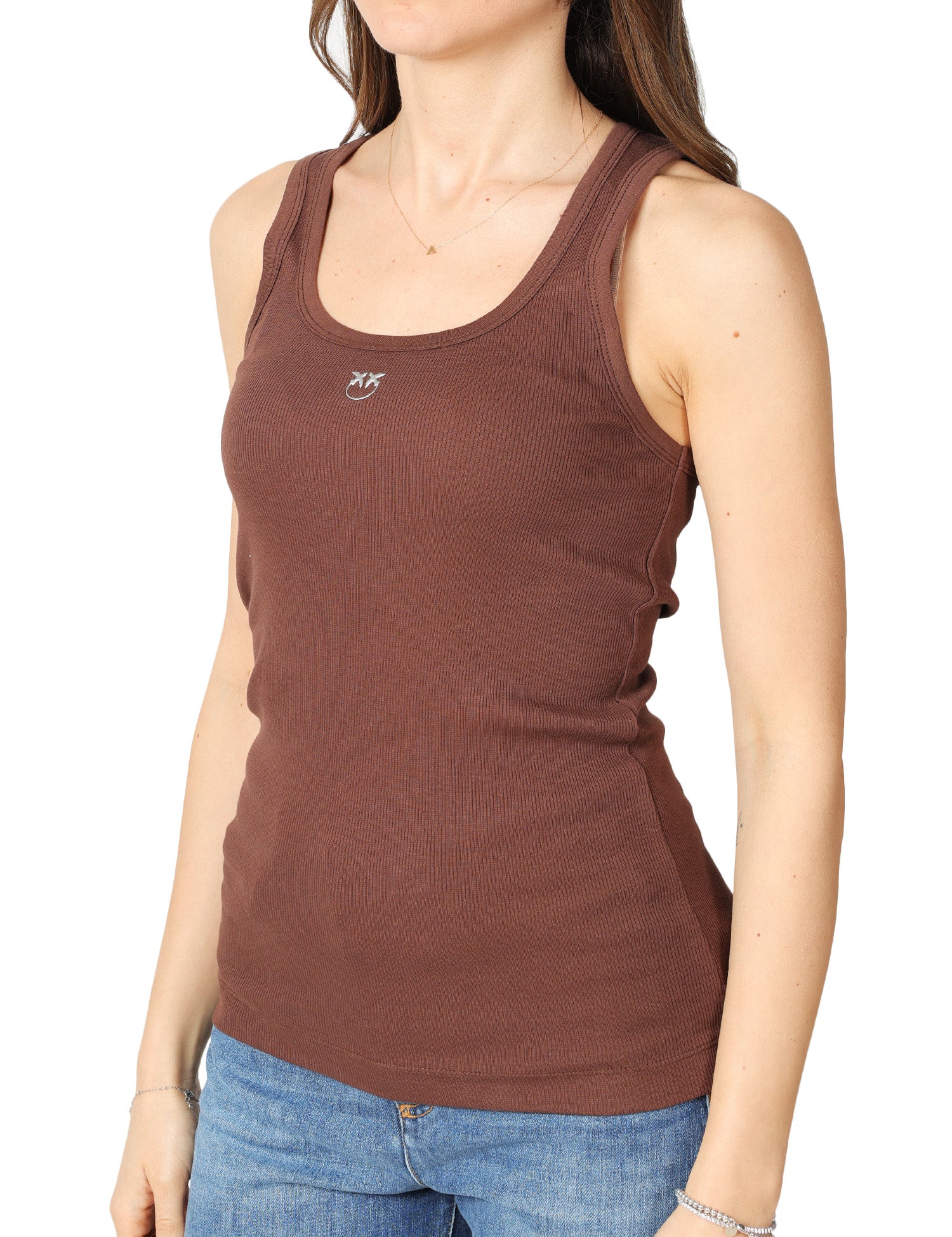 CANOTTA DONNA PINKO CALCOLATORE MARRONE IN JERSEY STRETCH A COSTINE CON RICAMO LOGO