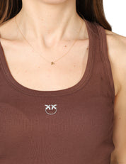 CANOTTA DONNA PINKO CALCOLATORE MARRONE IN JERSEY STRETCH A COSTINE CON RICAMO LOGO