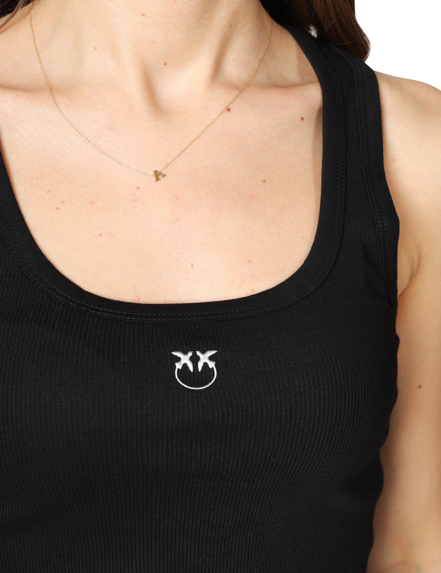 TOP DONNA PINKO CALCOLATORE NERO IN JERSEY STRETCH A COSTINE CON RICAMO LOGO