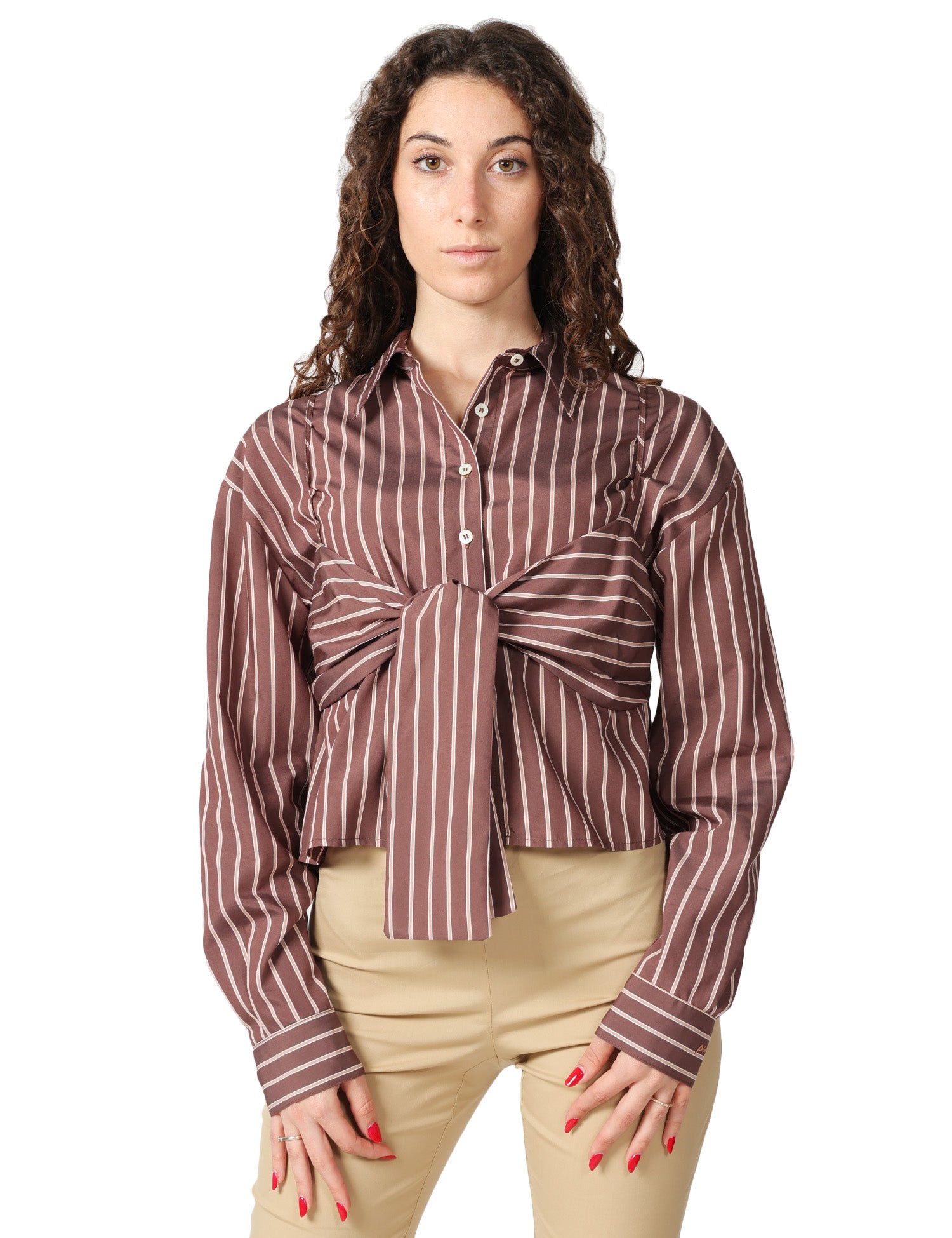 CAMICIA DONNA PINKO CHRISTINE MARRONE A RIGHE TAGLIO CROPPED CON FIOCCO DAVANTI