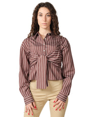 CAMICIA DONNA PINKO CHRISTINE MARRONE A RIGHE TAGLIO CROPPED CON FIOCCO DAVANTI