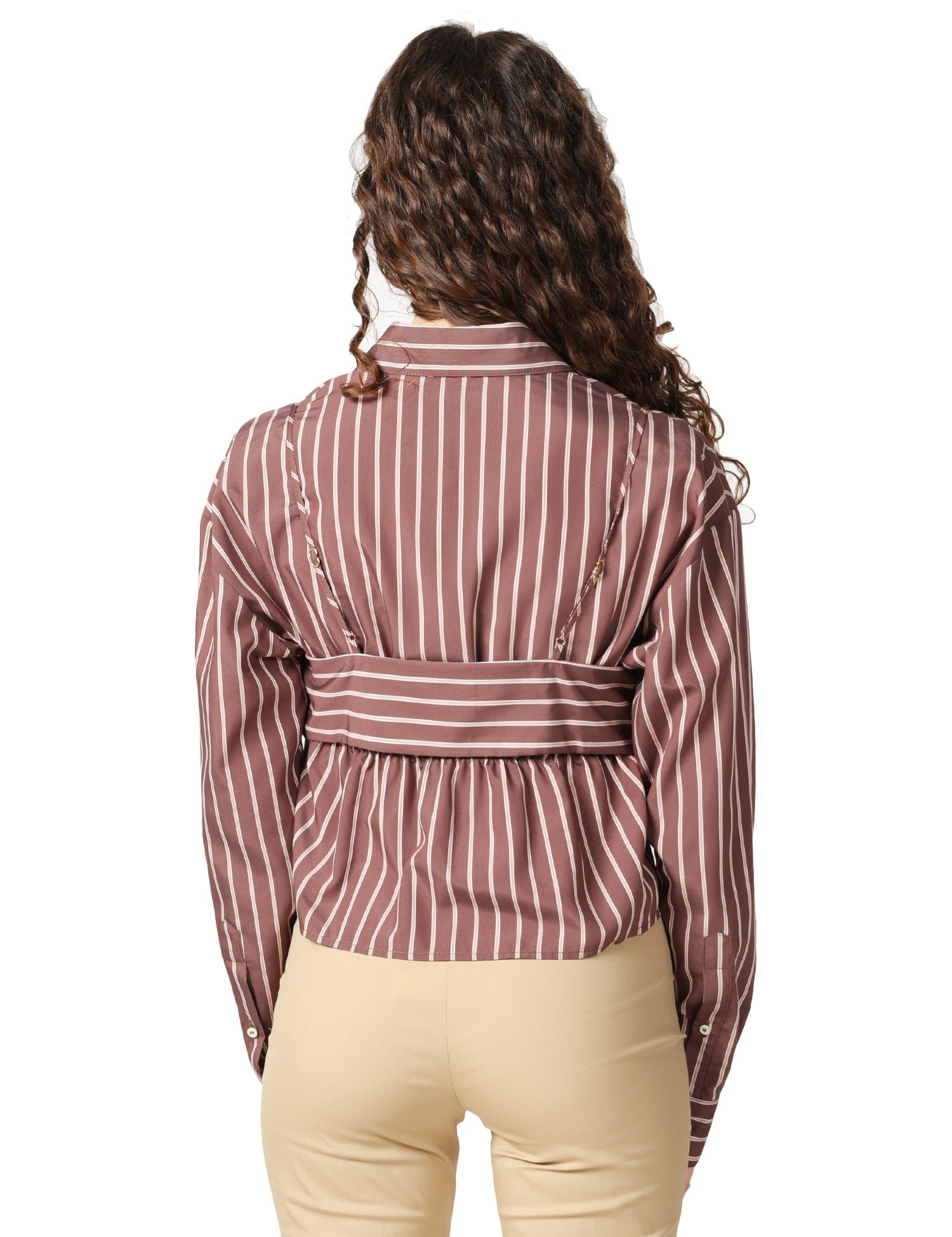 CAMICIA DONNA PINKO CHRISTINE MARRONE A RIGHE TAGLIO CROPPED CON FIOCCO DAVANTI