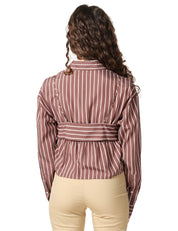 CAMICIA DONNA PINKO CHRISTINE MARRONE A RIGHE TAGLIO CROPPED CON FIOCCO DAVANTI