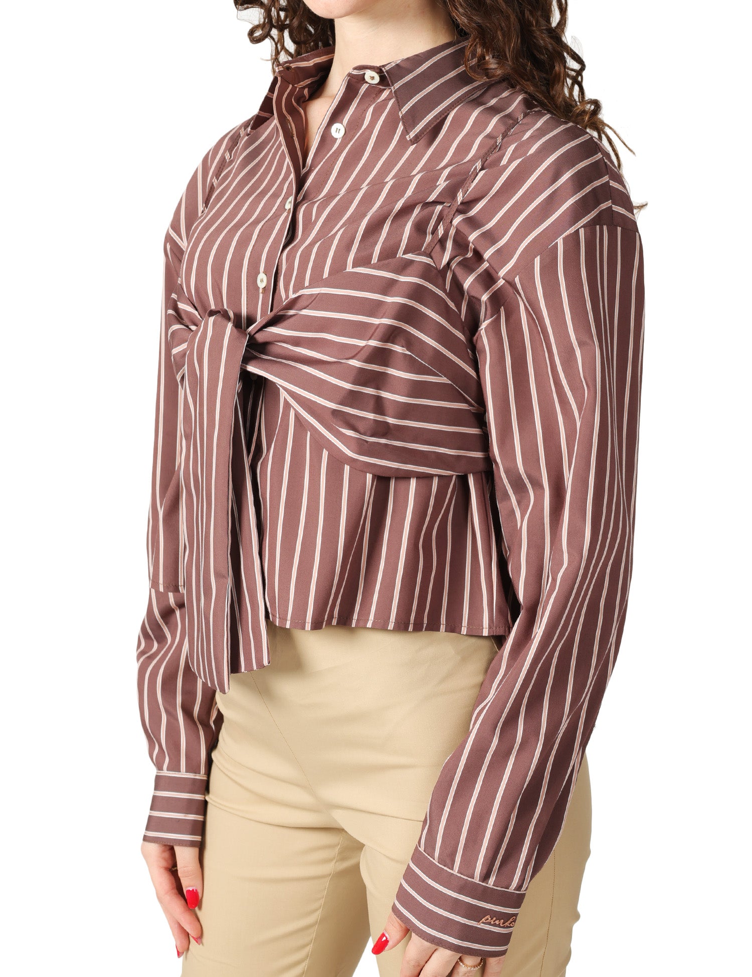 CAMICIA DONNA PINKO CHRISTINE MARRONE A RIGHE TAGLIO CROPPED CON FIOCCO DAVANTI